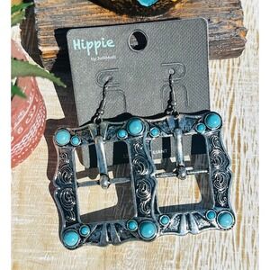Hippie Brand Turquoise Silver Tone Southwestern Buckle Dangle Earrings
